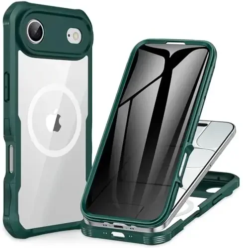 CENHUFO iPhone 17 Air uchun magnitli maxfiylik g'ilofi [Magsafe bilan mos keladi] O'rnatilgan 9H temperli shisha maxfiylik ekrani himoyachisi, kamera himoyasi zarbaga chidamli bamper qopqog'i - Yashil 