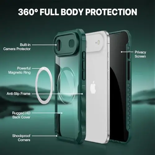 CENHUFO iPhone 17 Air uchun magnitli maxfiylik g'ilofi [Magsafe bilan mos keladi] O'rnatilgan 9H temperli shisha maxfiylik ekrani himoyachisi, kamera himoyasi zarbaga chidamli bamper qopqog'i - Yashil - 3