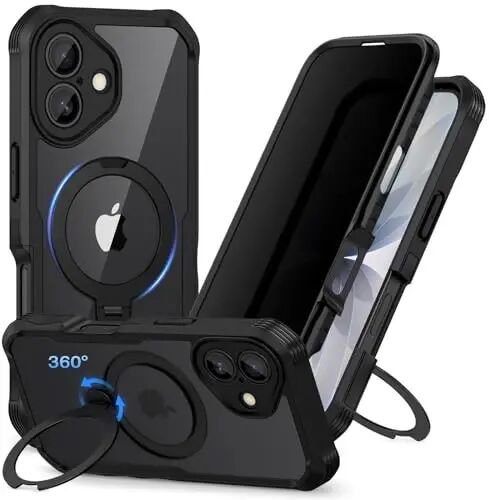 CENHUFO Privacy for iPhone 17 Case, Compatible with Magsafe Full Body Phone Case Built-in 9H Tempered Glass Privacy Screen Protector and 360° Spin Magnetic Stand Ring Camera Lens Cover - Black - 1