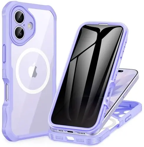 CENHUFO iPhone 17 Kılıf için Manyetik Gizlilik [Magsafe ile Uyumlu] Tam Gövde Telefon Kılıfı Dahili 9H Temperli Cam Ekran Koruyucu Kamera Koruması Darbeye Dayanıklı Tampon Kapak - Açık Mor 