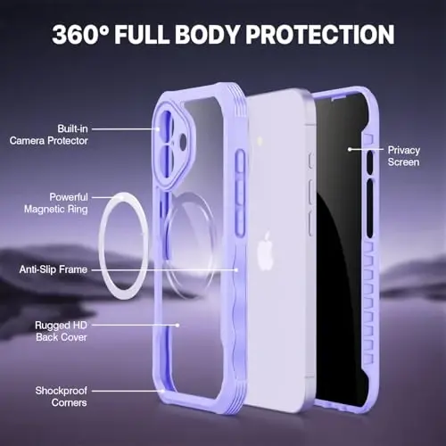 CENHUFO iPhone 17 Kılıf için Manyetik Gizlilik [Magsafe ile Uyumlu] Tam Gövde Telefon Kılıfı Dahili 9H Temperli Cam Ekran Koruyucu Kamera Koruması Darbeye Dayanıklı Tampon Kapak - Açık Mor - 3