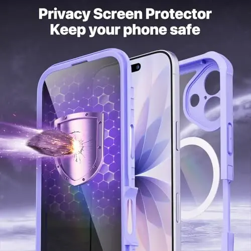 CENHUFO iPhone 17 Kılıf için Manyetik Gizlilik [Magsafe ile Uyumlu] Tam Gövde Telefon Kılıfı Dahili 9H Temperli Cam Ekran Koruyucu Kamera Koruması Darbeye Dayanıklı Tampon Kapak - Açık Mor - 5