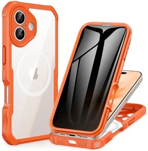 CENHUFO Magnetic Privacy for iPhone 17 Case [Compatible with Magsafe] Full Body Phone Case Built-in 9H Tempered Glass Privacy Screen Protector Camera Protection Shockproof Bumper Clear Cover -Orange 
