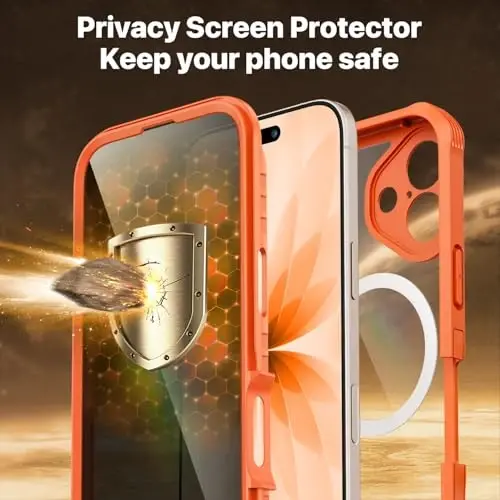 CENHUFO iPhone 17 Kılıf için Manyetik Gizlilik [Magsafe ile Uyumlu] Tam Gövde Telefon Kılıfı Dahili 9H Temperli Cam Gizlilik Ekran Koruyucu Kamera Koruması Darbeye Dayanıklı Tampon Şeffaf Kapak -Turuncu - 5