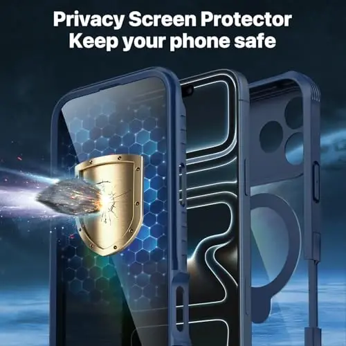 CENHUFO iPhone 17 Pro İçin Gizlilik Kılıfı, Magsafe Uyumlu Tam Gövde Telefon Kılıfı, Dahili 9H Temperli Cam Gizlilik Ekran Koruyucu ve 360° Döner Manyetik Stantlı Halka Kamera Merceği Kapağı - Mavi - 5