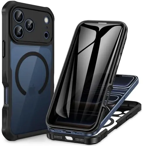CENHUFO Magnetic Privacy for iPhone 17 Pro Case [Compatible with Magsafe] Full Body Phone Case Built-in 9H Tempered Glass Privacy Screen Protector, Camera Protection Shockproof Bumper Cover -Black 