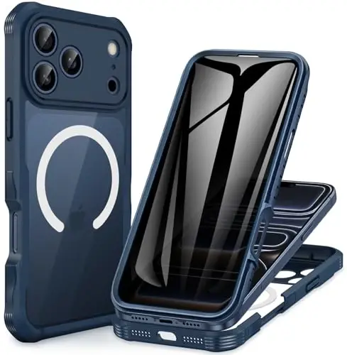 CENHUFO Magnetic Privacy for iPhone 17 Pro Case [Compatible with Magsafe] Full Body Phone Case Built-in 9H Tempered Glass Privacy Screen Protector, Camera Protection Shockproof Bumper Cover - Blue 