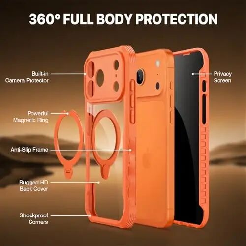 CENHUFO Privacy for iPhone 17 Pro Case, Compatible with Magsafe Full Body Phone Case Built-in 9H Tempered Glass Privacy Screen Protector and 360° Spin Magnetic Stand Ring Camera Lens Cover - Blue - 6
