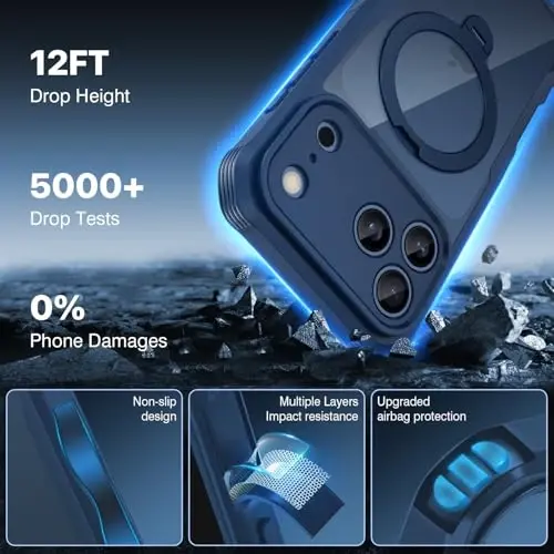 CENHUFO iPhone 17 Pro Max Gʻilof uchun maxfiylik, Magsafe bilan mos keladigan toʻliq korpusli telefon gʻilofi, oʻrnatilgan 9H qattiqlashtirilgan shisha maxfiylik ekran himoyachisi va 360° aylanuvchi magnit stend halqali kamera linzalari qopqogʻi - Koʻk 