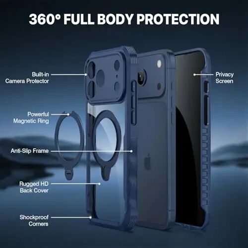 CENHUFO Privacy for iPhone 17 Pro Max Case, Compatible with Magsafe Full Body Phone Case Built-in 9H Tempered Glass Privacy Screen Protector and 360° Spin Magnetic Stand Ring Camera Lens Cover - Blue - 6