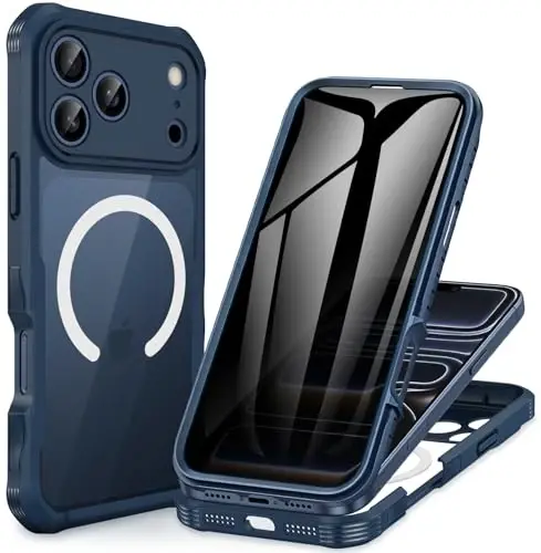 CENHUFO iPhone 17 Pro Max için Manyetik Gizlilik Kılıfı [Magsafe ile Uyumlu] Dahili 9H Temperli Cam Gizlilik Ekran Koruyucu, Kamera Korumalı Darbeye Dayanıklı Tam Gövde Telefon Kılıfı - Mavi 