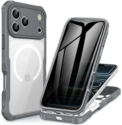 CENHUFO Magnetic Privacy for iPhone 17 Pro Max Case [Compatible with Magsafe] Full Body Phone Case Built-in 9H Tempered Glass Privacy Screen Protector, Camera Protection Shockproof Cover - Grey - 1