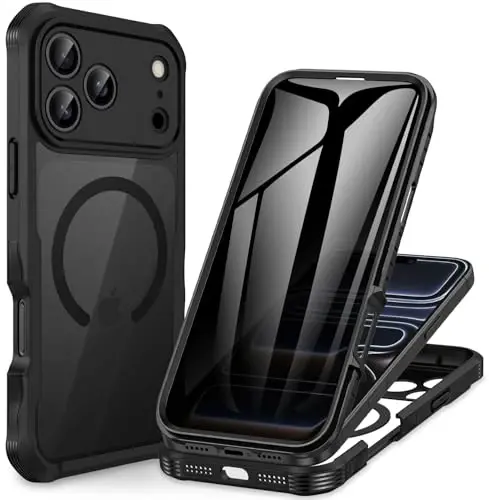 CENHUFO iPhone 17 Pro Max için Manyetik Gizlilik Kılıfı [Magsafe ile Uyumlu] Tam Gövde Telefon Kılıfı Dahili 9H Temperli Cam Gizlilik Ekran Koruyucu, Kamera Korumalı Darbeye Dayanıklı Kapak - Siyah 