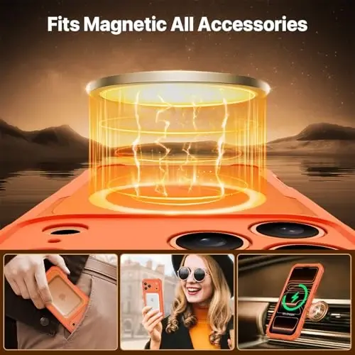 CENHUFO Magnetic Privacy for iPhone 17 Pro Max Case [Compatible with Magsafe] Full Body Phone Case Built-in 9H Tempered Glass Privacy Screen Protector, Camera Protection Shockproof Cover - Orange - 4