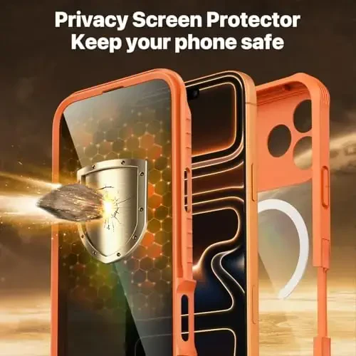 CENHUFO Magnetic Privacy for iPhone 17 Pro Max Case [Compatible with Magsafe] Full Body Phone Case Built-in 9H Tempered Glass Privacy Screen Protector, Camera Protection Shockproof Cover - Orange - 5