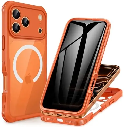 CENHUFO iPhone 17 Pro Max için Manyetik Gizlilik Kılıfı [Magsafe ile Uyumlu] Tam Gövde Telefon Kılıfı Dahili 9H Temperli Cam Gizlilik Ekran Koruyucu, Kamera Koruması Darbeye Dayanıklı Kapak - Turuncu 
