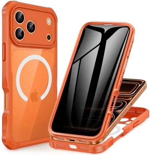 CENHUFO iPhone 17 Pro Max için Manyetik Gizlilik Kılıfı [Magsafe ile Uyumlu] Tam Gövde Telefon Kılıfı Dahili 9H Temperli Cam Gizlilik Ekran Koruyucu, Kamera Koruması Darbeye Dayanıklı Kapak - Turuncu - CENHUFO