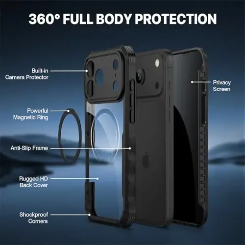 CENHUFO iPhone 17 Pro Max uchun magnitli maxfiylik g‘ilofi [Magsafe bilan mos] To‘liq korpusli telefon g‘ilofi O‘rnatilgan 9H temperli shisha maxfiylik ekran himoyachisi, Kamera himoyasi zarbga chidamli qopqoq - Qora - 5