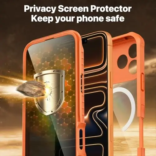 CENHUFO iPhone 17 Pro uchun magnitli maxfiylik g‘ilofi [Magsafe bilan mos keladi] O‘rnatilgan 9H temperlangan shishali maxfiylik ekran himoyachisi, kamera himoyasi zarbaga chidamli bamper qopqog‘i - Apelsin - 5