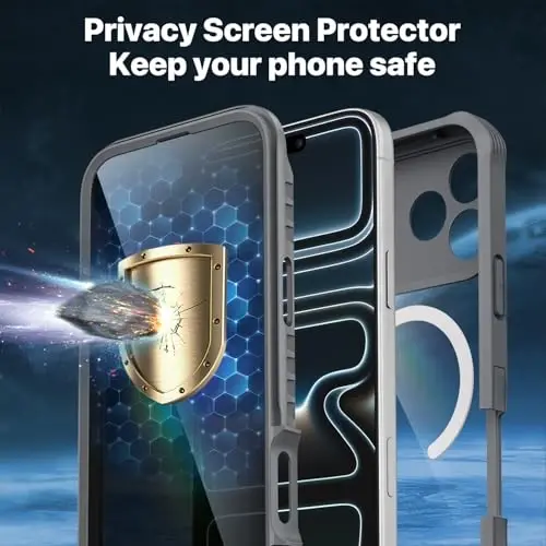 CENHUFO iPhone 17 Pro uchun magnitli maxfiylik g‘ilofi [Magsafe bilan mos keladi] To‘liq korpusli telefon g‘ilofi O‘rnatilgan 9H temperli shisha maxfiylik ekrani himoyachisi, Kamera himoyasi zarbga chidamli bamper qopqog‘i - Kulrang - 5