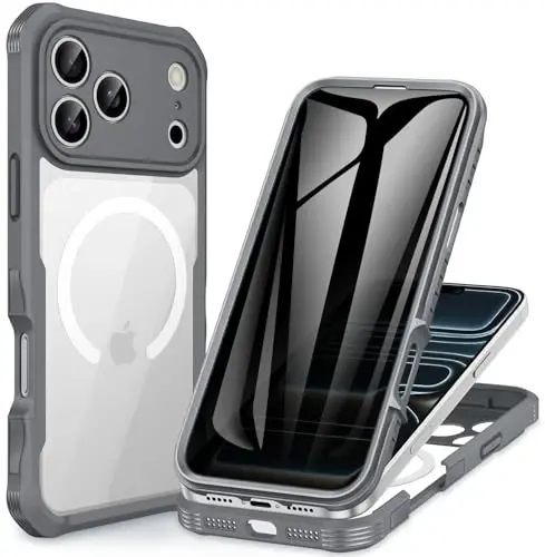 CENHUFO iPhone 17 Pro uchun magnitli maxfiylik g‘ilofi [Magsafe bilan mos keladi] To‘liq korpusli telefon g‘ilofi O‘rnatilgan 9H temperli shisha maxfiylik ekrani himoyachisi, Kamera himoyasi zarbga chidamli bamper qopqog‘i - Kulrang 