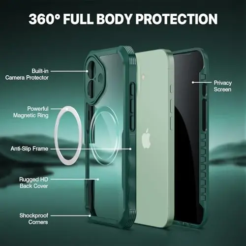 CENHUFO iPhone 17 uchun magnitli maxfiylik g‘ilofi [Magsafe bilan mos keladi] To‘liq korpusli telefon g‘ilofi O‘rnatilgan 9H temperli shisha maxfiylik ekran himoyachisi Kamera himoyasi Zarba o‘tkazmaydigan bamper Shaffof qopqoq - Yashil - 3
