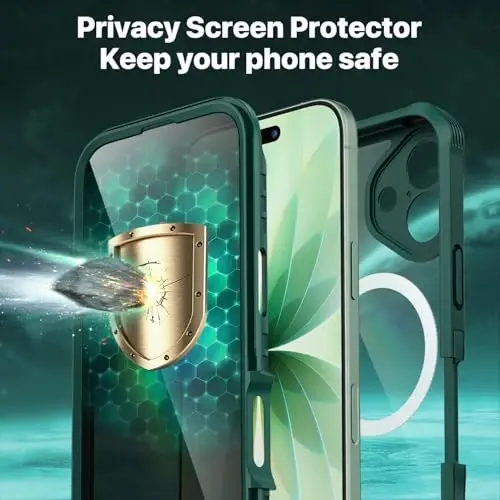 CENHUFO iPhone 17 uchun magnitli maxfiylik g‘ilofi [Magsafe bilan mos keladi] To‘liq korpusli telefon g‘ilofi O‘rnatilgan 9H temperli shisha maxfiylik ekran himoyachisi Kamera himoyasi Zarba o‘tkazmaydigan bamper Shaffof qopqoq - Yashil - 5