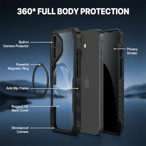 CENHUFO iPhone 17 uchun magnitli maxfiylik g‘ilofi [Magsafe bilan mos keladi] To‘liq korpusli telefon g‘ilofi O‘rnatilgan 9H temperli shisha maxfiylik ekrani himoyachisi Kamera himoyasi Zarba o‘tkazmaydigan bamper Shaffof qopqoq - Qora - 3