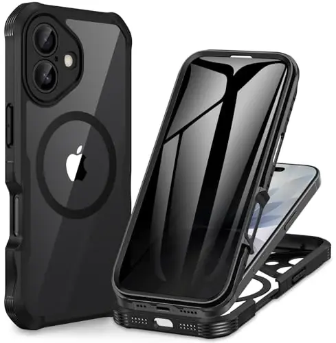 CENHUFO iPhone 17 uchun magnitli maxfiylik g‘ilofi [Magsafe bilan mos keladi] To‘liq korpusli telefon g‘ilofi O‘rnatilgan 9H temperli shisha maxfiylik ekrani himoyachisi Kamera himoyasi Zarba o‘tkazmaydigan bamper Shaffof qopqoq - Qora 