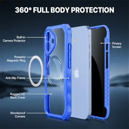 CENHUFO iPhone 17 uchun magnitli maxfiylik g‘ilofi [Magsafe bilan mos] To‘liq korpusli telefon g‘ilofi O‘rnatilgan 9H temperli shisha maxfiylik ekran himoyachisi Kamera himoyasi Zarba o‘tkazmaydigan bamper Shaffof qopqoq -Moviy - 3