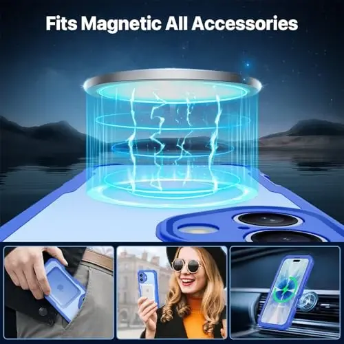 CENHUFO iPhone 17 uchun magnitli maxfiylik g‘ilofi [Magsafe bilan mos] To‘liq korpusli telefon g‘ilofi O‘rnatilgan 9H temperli shisha maxfiylik ekran himoyachisi Kamera himoyasi Zarba o‘tkazmaydigan bamper Shaffof qopqoq -Moviy - 4