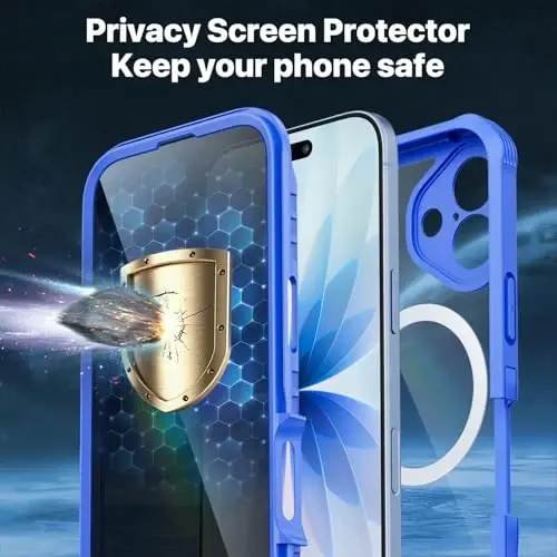 CENHUFO iPhone 17 uchun magnitli maxfiylik g‘ilofi [Magsafe bilan mos] To‘liq korpusli telefon g‘ilofi O‘rnatilgan 9H temperli shisha maxfiylik ekran himoyachisi Kamera himoyasi Zarba o‘tkazmaydigan bamper Shaffof qopqoq -Moviy - 5