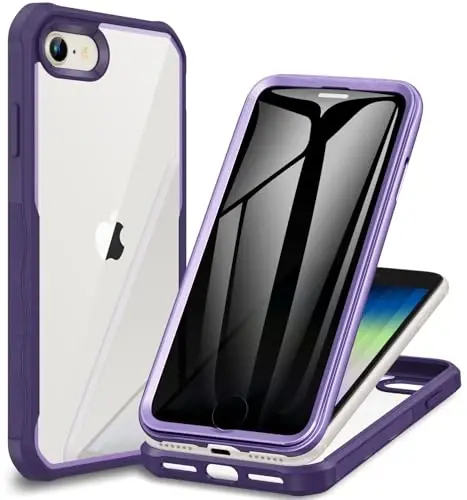 CENHUFO Privacy Case for iPhone SE 2022 3rd / iPhone SE 2020 2nd / iPhone 8/7, Full Body Phone Cover with Built-in 9H Tempered Glass Privacy Screen Protector, Anti Peep Shockproof Bumper - Purple - 6