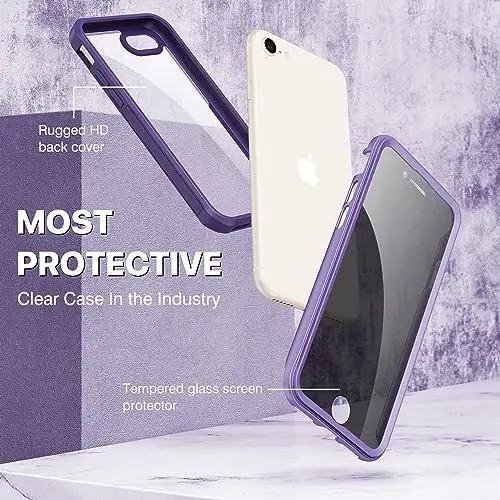 CENHUFO Privacy Case for iPhone SE 2022 3rd / iPhone SE 2020 2nd / iPhone 8/7, Full Body Phone Cover with Built-in 9H Tempered Glass Privacy Screen Protector, Anti Peep Shockproof Bumper - Purple - 2