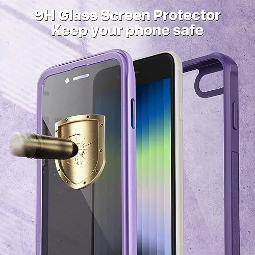 CENHUFO Privacy Case for iPhone SE 2022 3rd / iPhone SE 2020 2nd / iPhone 8/7, Full Body Phone Cover with Built-in 9H Tempered Glass Privacy Screen Protector, Anti Peep Shockproof Bumper - Purple - 3