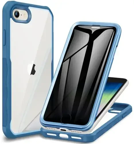 CENHUFO iPhone SE 2022 3rd / iPhone SE 2020 2nd / iPhone 8/7 uchun shaxsiy qopqoq, oʻrnatilgan 9H temperlangan shisha shaxsiy ekran himoyachisi, koʻzdan himoya zarbaga chidamli bamper - Moviy - 6