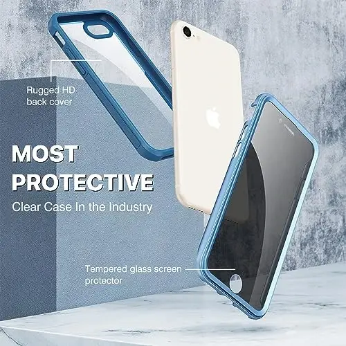 CENHUFO iPhone SE 2022 3rd / iPhone SE 2020 2nd / iPhone 8/7 uchun shaxsiy qopqoq, oʻrnatilgan 9H temperlangan shisha shaxsiy ekran himoyachisi, koʻzdan himoya zarbaga chidamli bamper - Moviy - CENHUFO (1)