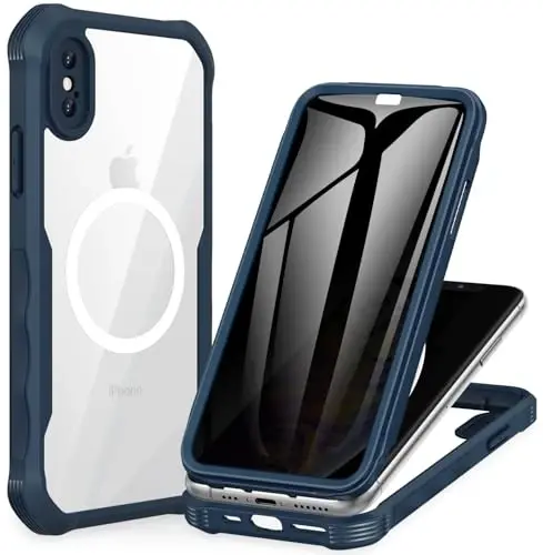 CENHUFO iPhone X/iPhone Xs için Manyetik Gizlilik Kılıfı, Tam Gövde Telefon Kılıfı Dahili 9H Temperli Cam Gizlilik Ekran Koruyucu [Magsafe ile Uyumlu] Darbeye Dayanıklı Tampon Şeffaf Kapak - Mavi - 7