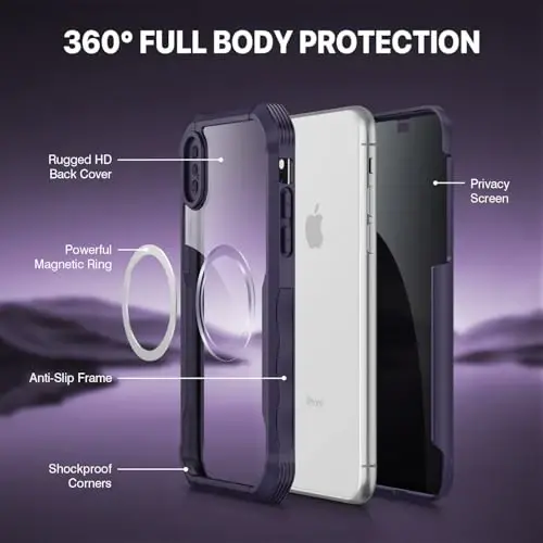 CENHUFO Magnetic Privacy for iPhone X Case/iPhone Xs Case, Full Body Phone Case Built-in 9H Tempered Glass Privacy Screen Protector [Compatible with Magsafe] Shockproof Bumper Clear Cover -Purple - CENHUFO (1)