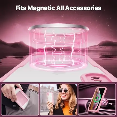 CENHUFO Magnetic Privacy for iPhone X Case/iPhone Xs Case, Full Body Phone Case Built-in 9H Tempered Glass Privacy Screen Protector [Compatible with Magsafe] Shockproof Bumper Clear Cover - Pink - 5