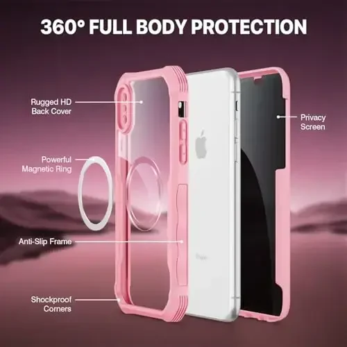 CENHUFO iPhone X/iPhone Xs uchun magnitli maxfiylik g‘ilofi, to‘liq korpusli telefon g‘ilofi o‘rnatilgan 9H temperlangan shisha maxfiylik ekran himoyachisi [Magsafe bilan mos], zarbga chidamli bamperli shaffof qopqoq - Pushti - 2