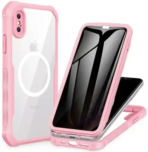 CENHUFO iPhone X/iPhone Xs uchun magnitli maxfiylik g‘ilofi, to‘liq korpusli telefon g‘ilofi o‘rnatilgan 9H temperlangan shisha maxfiylik ekran himoyachisi [Magsafe bilan mos], zarbga chidamli bamperli shaffof qopqoq - Pushti - 7