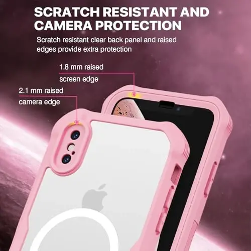 CENHUFO iPhone X/iPhone Xs uchun magnitli maxfiylik g‘ilofi, to‘liq korpusli telefon g‘ilofi o‘rnatilgan 9H temperlangan shisha maxfiylik ekran himoyachisi [Magsafe bilan mos], zarbga chidamli bamperli shaffof qopqoq - Pushti - 6