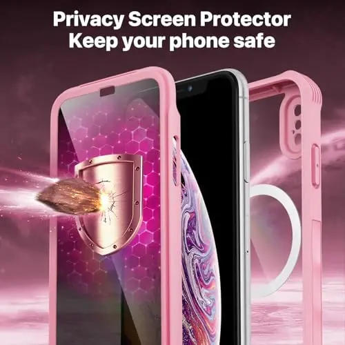 CENHUFO iPhone X/iPhone Xs uchun magnitli maxfiylik g‘ilofi, to‘liq korpusli telefon g‘ilofi o‘rnatilgan 9H temperlangan shisha maxfiylik ekran himoyachisi [Magsafe bilan mos], zarbga chidamli bamperli shaffof qopqoq - Pushti - 3