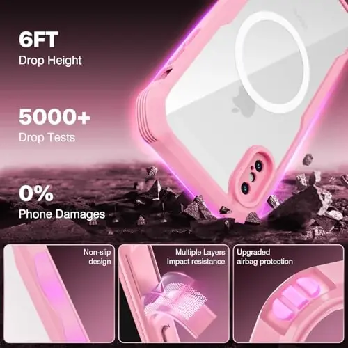 CENHUFO iPhone X/iPhone Xs uchun magnitli maxfiylik g‘ilofi, to‘liq korpusli telefon g‘ilofi o‘rnatilgan 9H temperlangan shisha maxfiylik ekran himoyachisi [Magsafe bilan mos], zarbga chidamli bamperli shaffof qopqoq - Pushti - 4