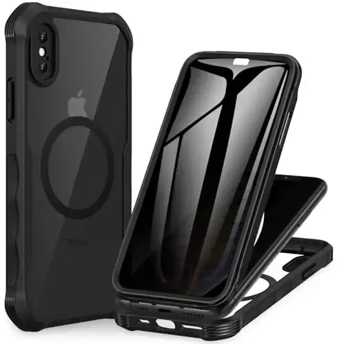 CENHUFO iPhone X/iPhone Xs uchun magnitli maxfiylik g‘ilofi, to‘liq korpusli telefon g‘ilofi o‘rnatilgan 9H temperli shisha maxfiylik ekran himoyachisi [Magsafe bilan mos keladi] zarbga chidamli bamper shaffof qopqoq -Qora - 1