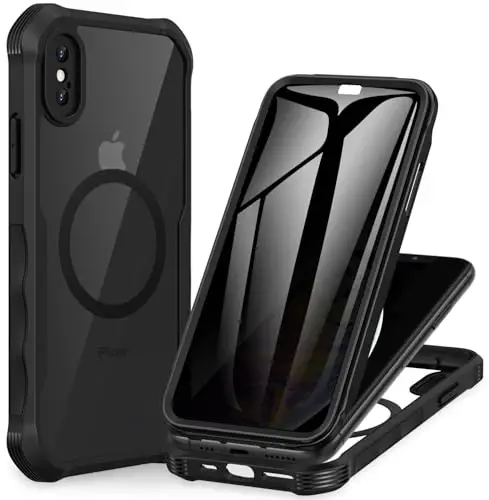 CENHUFO iPhone X/iPhone Xs uchun magnitli maxfiylik g‘ilofi, to‘liq korpusli telefon g‘ilofi o‘rnatilgan 9H temperli shisha maxfiylik ekran himoyachisi [Magsafe bilan mos keladi] zarbga chidamli bamper shaffof qopqoq -Qora 
