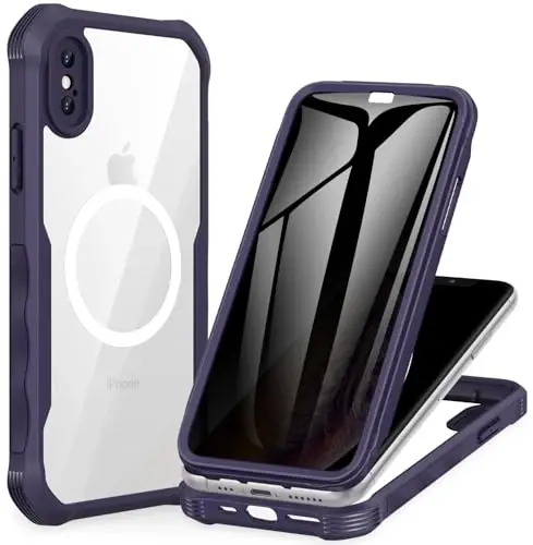 CENHUFO iPhone X/iPhone Xs uchun magnitli maxfiylik gʻilofi, toʻliq korpusli telefon gʻilofi, oʻrnatilgan 9H temperli shisha maxfiylik ekran himoyachisi [Magsafe bilan mos keladi] zarbga chidamli bamperli shaffof qopqoq - Binafsha - 7
