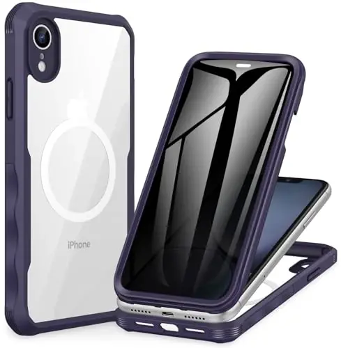 CENHUFO Privacy Magnetic for iPhone XR Case, Full Body Phone Case Built-in 9H Tempered Glass Privacy Screen Protector [Compatible with Magsafe] Shockproof Protective Bumper Clear Cover - Purple - 7
