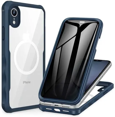 CENHUFO iPhone XR uchun magnitli g'ilof, to'liq tanali telefon g'ilofi 9H temperli shisha maxfiylik ekran himoyachisi bilan o'rnatilgan [Magsafe bilan mos keladi] Zarbadan himoya qiluvchi shaffof qopqoq - ko'k - 7